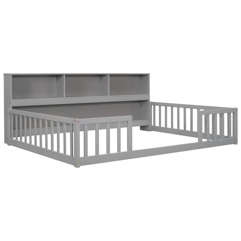 Floor Bed with Side Bookcase, Shelves, Guardrails