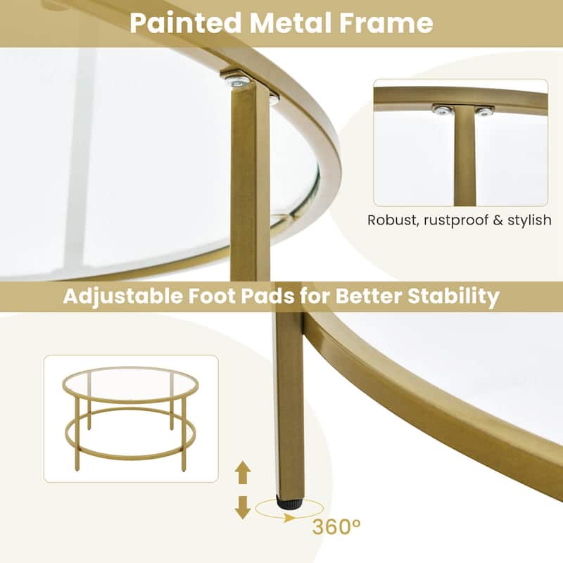Costway 36'' Round Coffee Table Tempered Glass Tabletop Metal Frame - See Details