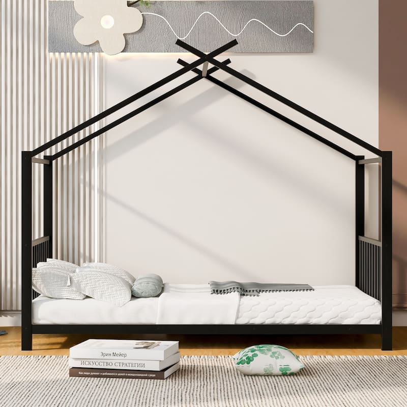 Roomfitters Twin Size Metal House Platform Bed Frame with Modern Minimalist Style and Guardrail