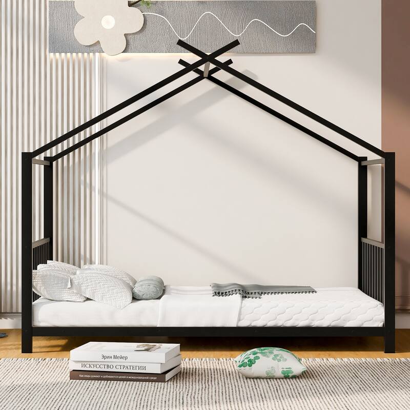 Twin Size Metal House Platform Bed in Black for Kids' Bedroom