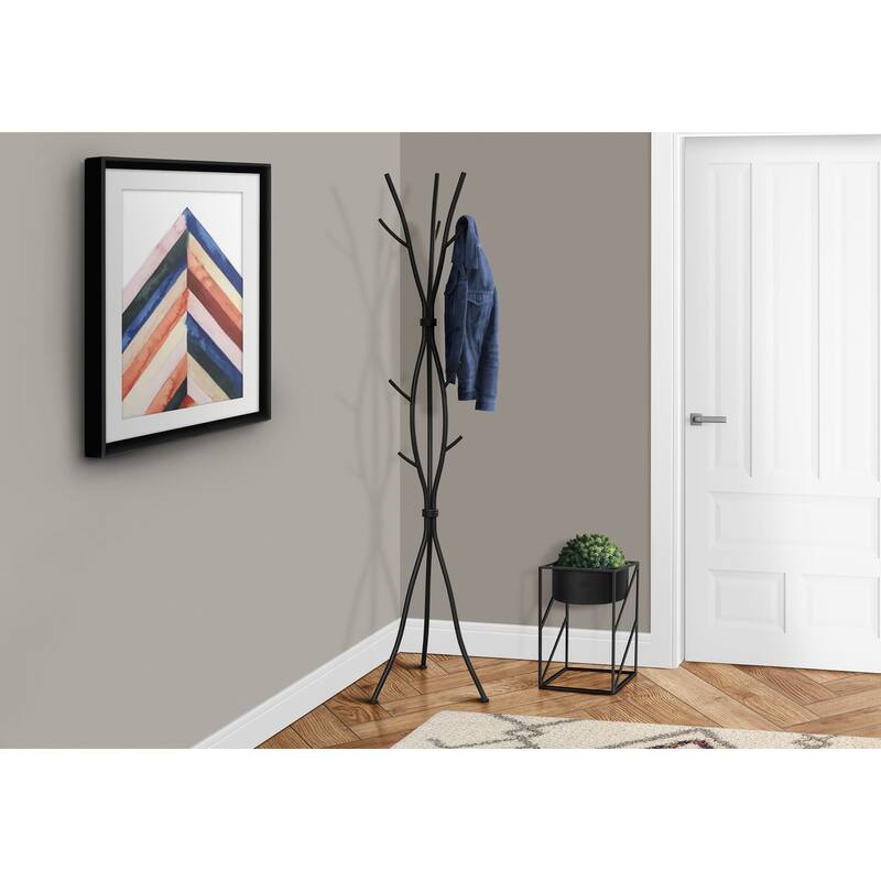 Coat Rack, Hall Tree, Free Standing, 11 Hooks, Entryway, 74"h, Bedroom, Black Metal, Contemporary, Modern
