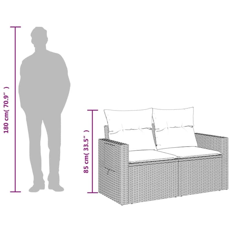 vidaXL Patio Sofa with Cushions 2-Seater Gray Poly Rattan - 48.8" x 24.4" x 27.2"