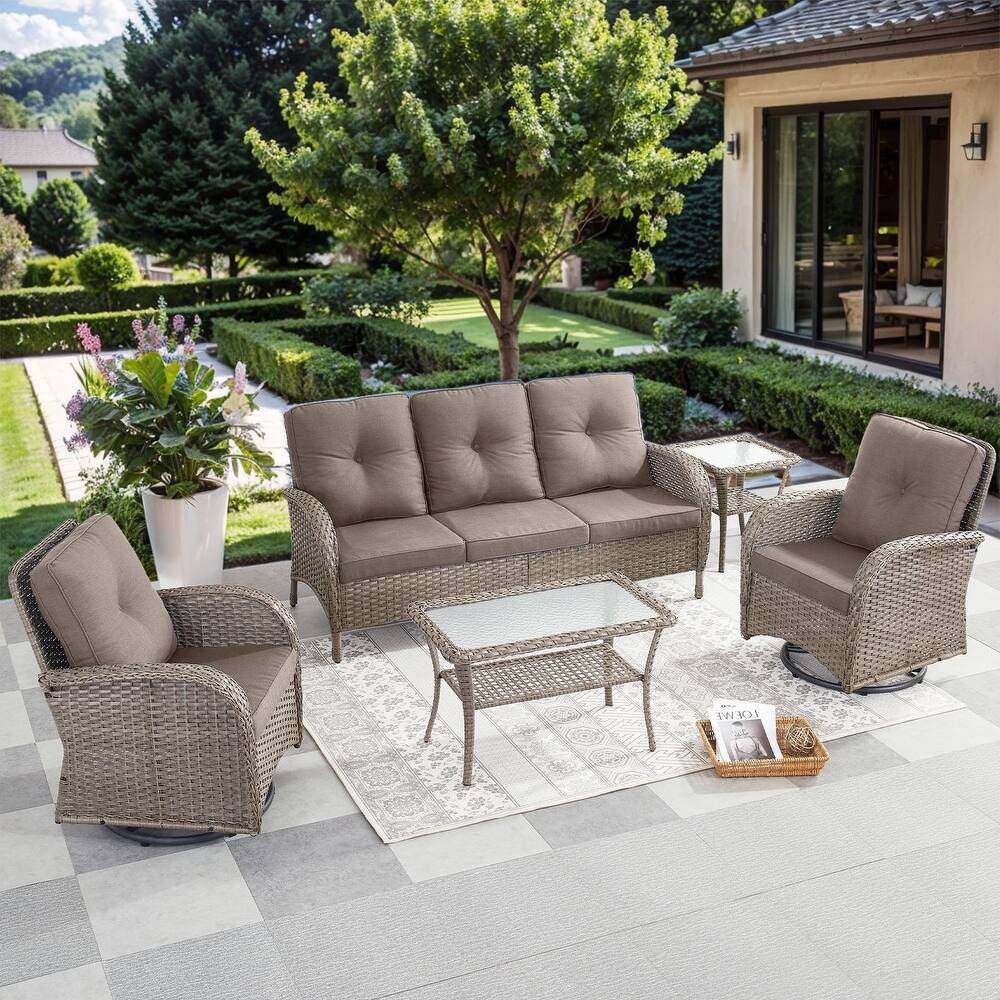 Gymojoy 5-Piece Outdoor Wicker Patio Furniture with 3 Seat Sofa & Swivel Chair, Coversation Set with Water Resistant Cushions