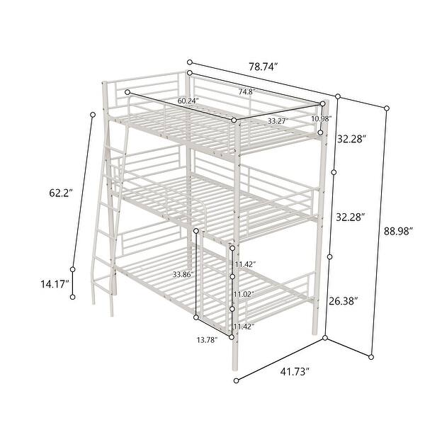 dimension image slide 0 of 2, Twin Size Convertible Triple Bunk Bed with Two Ladders and Guardrails