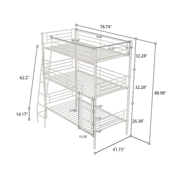 dimension image slide 0 of 2, Twin Size Triple Bunk Bed with Two Ladders and Guardrails, Heavy Duty Metal Triple Bunk Bed Frame, Convertible into 3 Beds