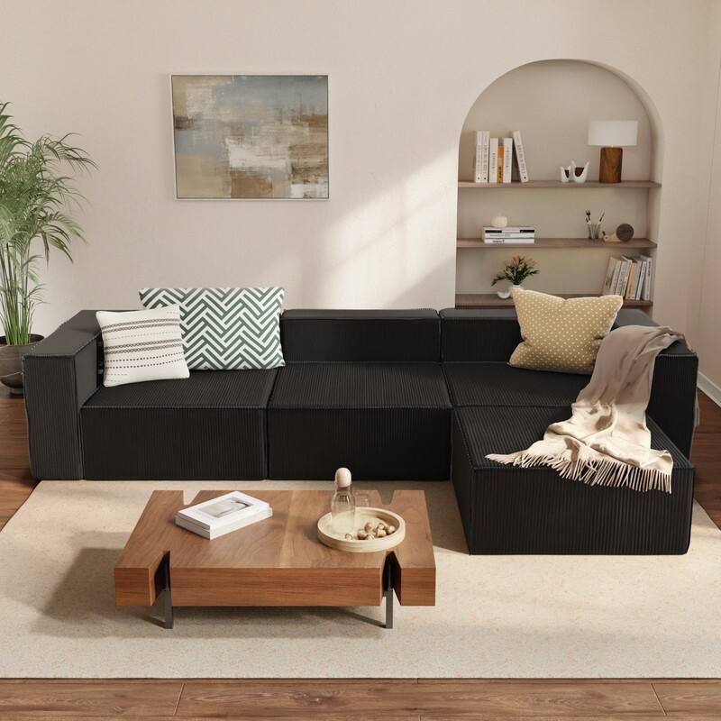 Module Corduroy Compression with Ottoman Sofas - Black Corduroy