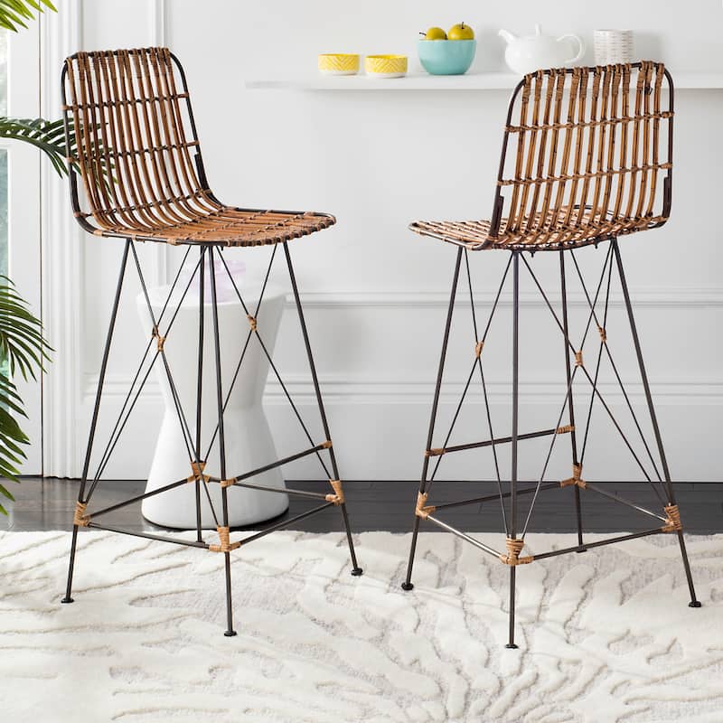 SAFAVIEH Ayala 43.3-inch Wicker Croco Brown Bar Stool (Set of 2) - 18.1" x 20.9" x 43.3" - 18Wx21Dx43H - Natural/Black