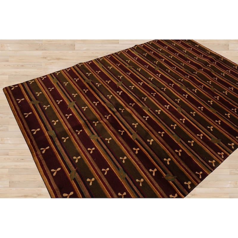 Hand Knotted Tibetan Green, Rust Striped Wool Transitional Area Rug - 6' x 9' 1''