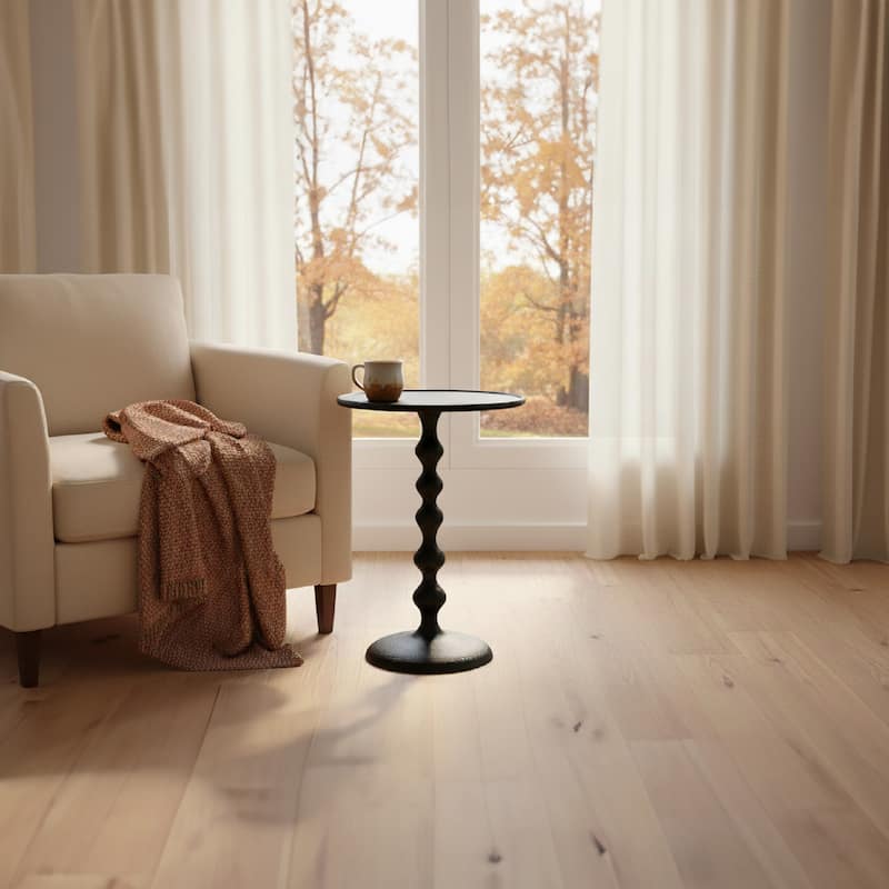 Shae 22 Inch Round Side End Table Matte Black Aluminum Cast, Hammered Texture, Turned Pedestal Post