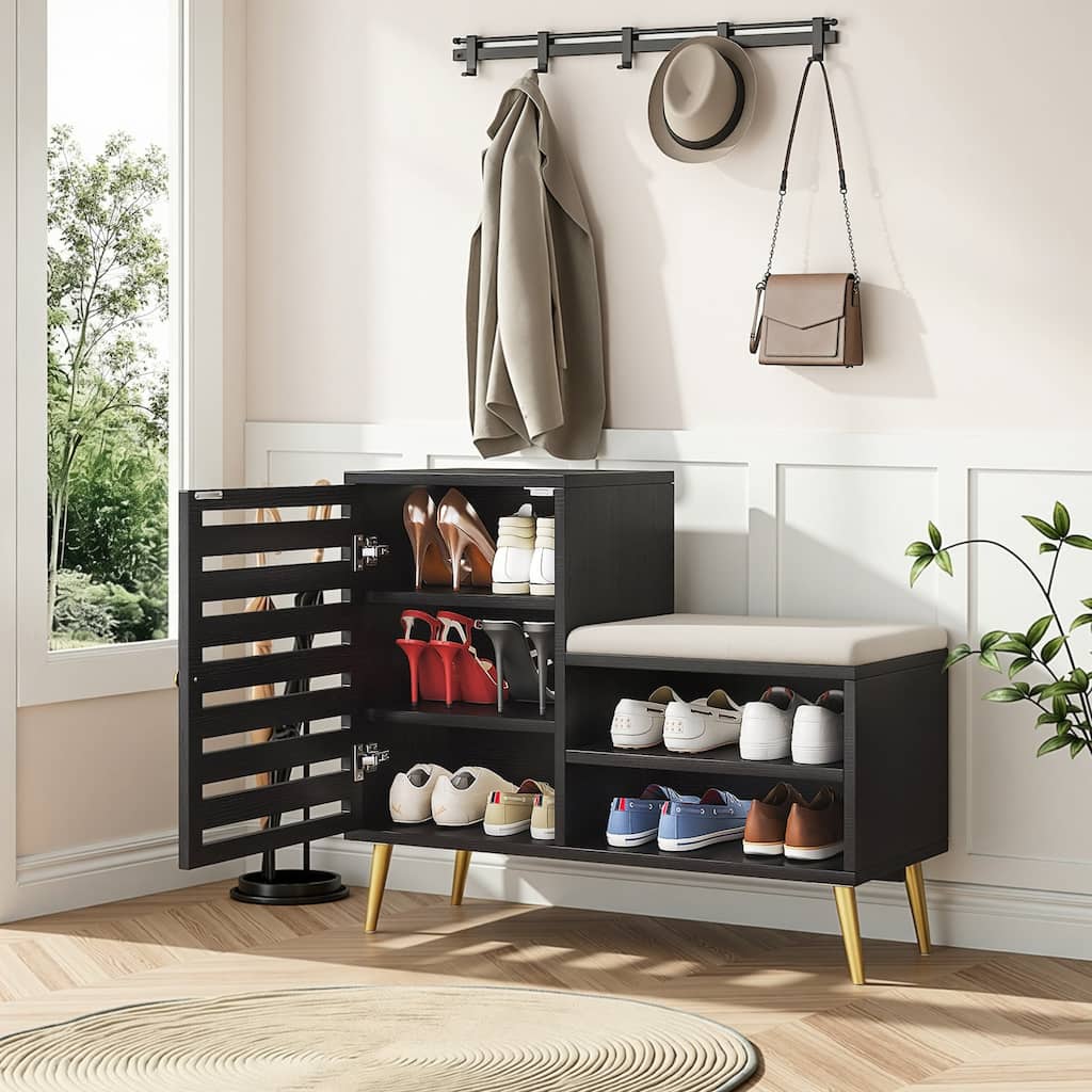 Javlergo L-Shaped Entryway Bench with Shoe Storage PU Cushion & Magnetic Shutter Door Hall Bench with Gold Legs for Living Room