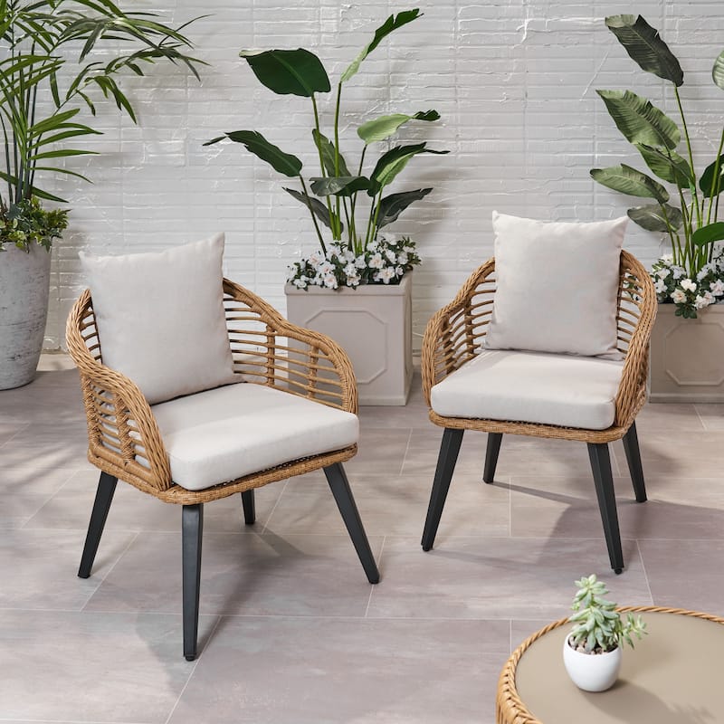 Tatiana Indoor/Outdoor Wicker Club Chairs with Cushions (Set of 2) by Christopher Knight Home - Light Brown+Black+Beige