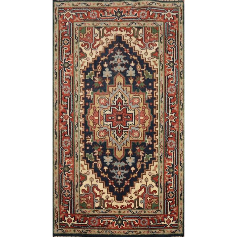 Hand Knotted Oriental 100% Wool Carpet Traditional Medallion Navy Blue & Blues Heriz (serapi) Area Rug - 5' 1'' X 3' 0''