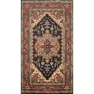 Hand Knotted Oriental 100% Wool Carpet Traditional Medallion Navy Blue & Blues Heriz (serapi) Area Rug - 5' 1'' X 3' 0''