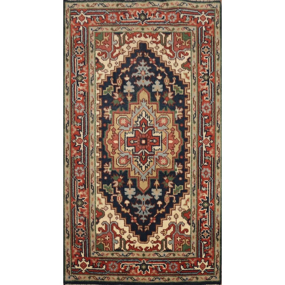 Hand Knotted Oriental 100% Wool Carpet Traditional Medallion Navy Blue & Blues Heriz (serapi) Area Rug - 5' 1'' X 3' 0''