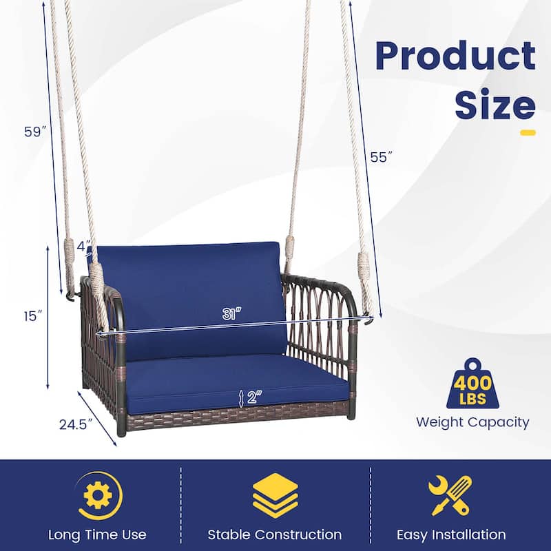 Porch Swing Chair Rattan Hanging Bench Seat w/ Cushions Hooks Balcony