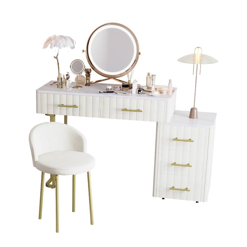 Velvet Upholstered Makeup Vanity Desk with 5 Storage Drawers, Marble-Look Sticker Top Dressing Table and Padded Makeup Chair Set