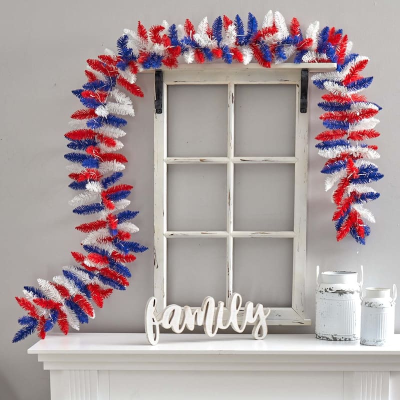 Patriotic American Flag Garland with Warm Lights - 9ft Artificial Decor for 4th of July, Memorial Day, Veterans Day - 108