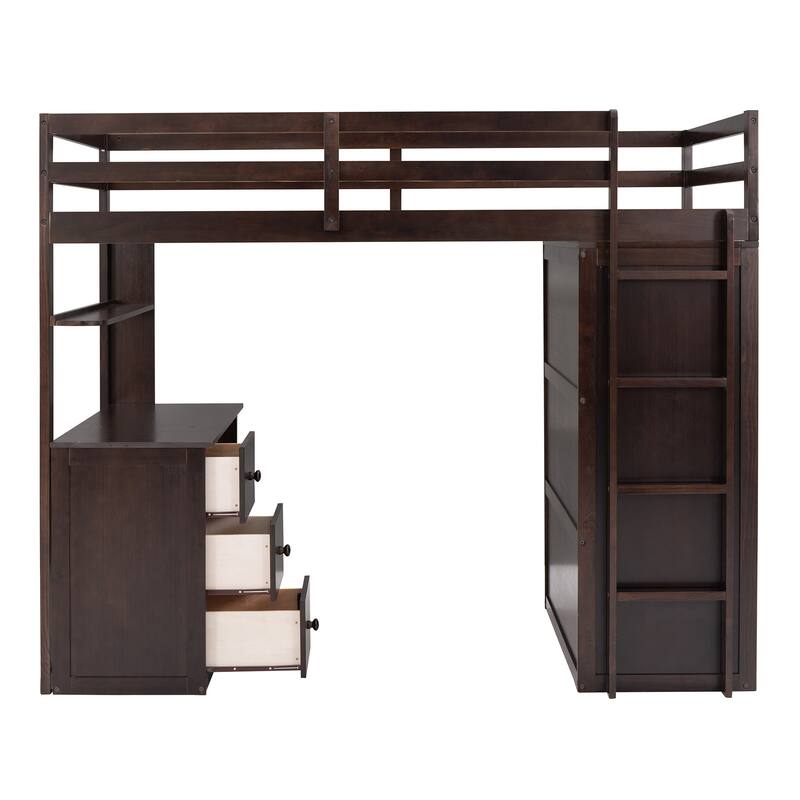 Compact Twin Loft Bed with Drawers, Desk, and Wardrobe in Espresso