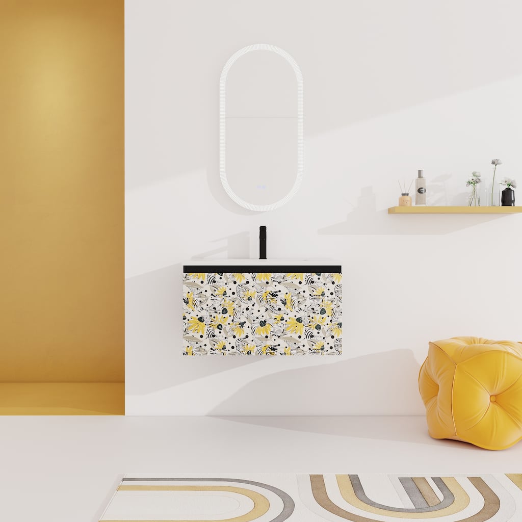 Plywood Wall-Mounted Bathroom Vanity Set in Black with Integrated Ceramic Sink