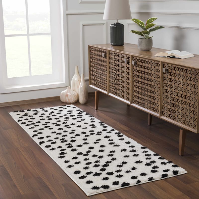 Hauteloom Cansu Living Room, Bedroom Area Rug - Contemporary - Plush Pile - Black - 2' x 3' - 2'7" x 7'3" - Black, White / Cansu