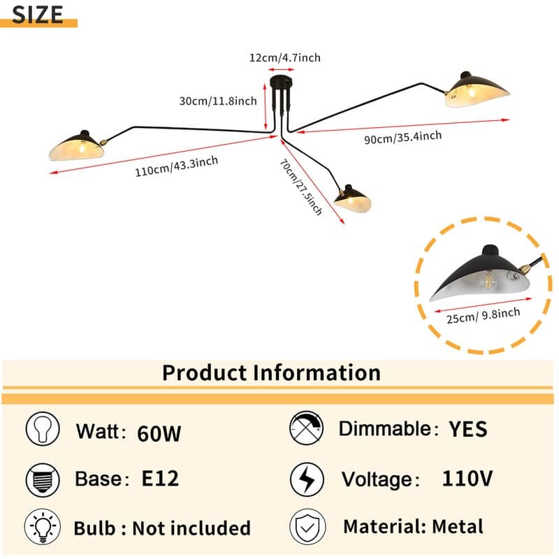 Mid Century Modern Black Chandelier with Swing Arm for Dining Room