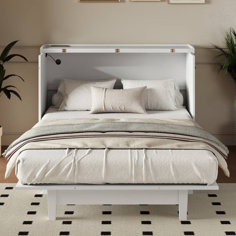 Solid Pine Murphy Bed Chest Cube Cabinet Bed with Charging Station and Large Storage Drawer for or Small Room,Full