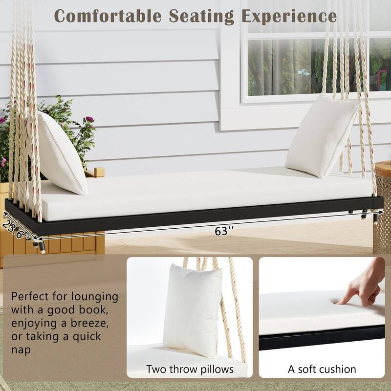 Porch Wooden Swing Chair with Hemp Ropes, Patio Hanging Swing Bench with Cushion & 2 Pillows