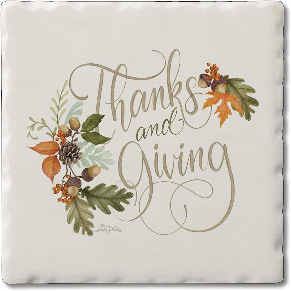 Absorbent Stone Tumbled Tile Coasters, Thanks and Giving, Set of 4