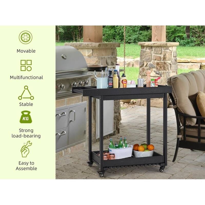 EROMMY Rolling Kitchen Island Cart with Storage, 2-Tier Mobile Outdoor Kitchen Cart on Wheels, Black HDPE Utility Serving Table