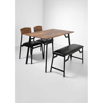 4-Piece Dining Table Set with Bench and 2 PU Leather Chairs, Space-Saving Kitchen Table Set for Small Spaces and Dining Room