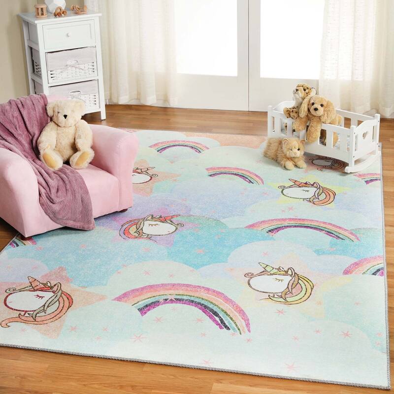 Unicorn Rainbow Colorful Playroom Indoor Area Rug by Superior - 5' x 7' 6" - Turquoise