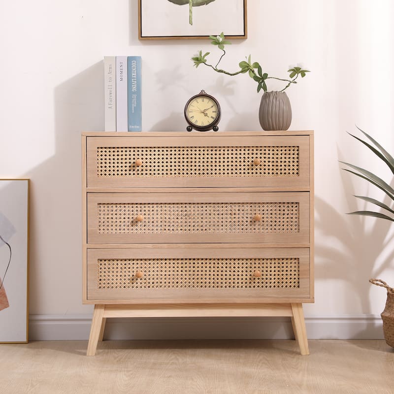 31.5 "3-Drawers Rattan Storage Cabinet Rattan Drawer,for Bedroom,Living Room - Wood+Rattan