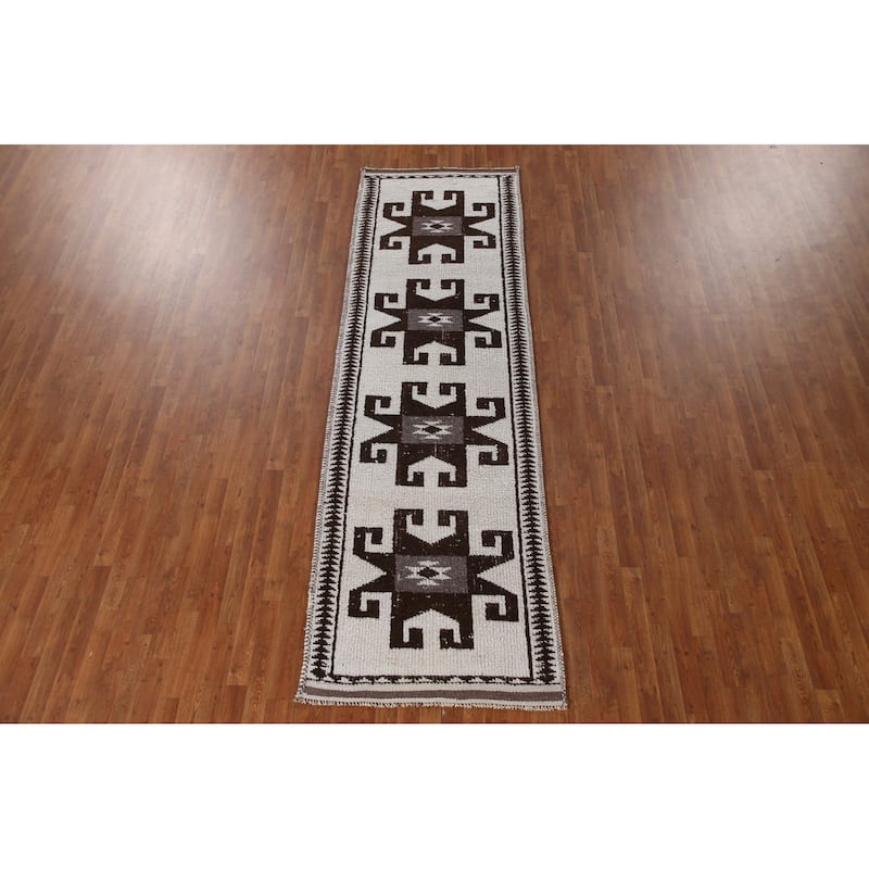 Natural Dye / Beige Anatolian Turkish Runner Rug Handmade Wool Carpet - 3'4"x 11'0"