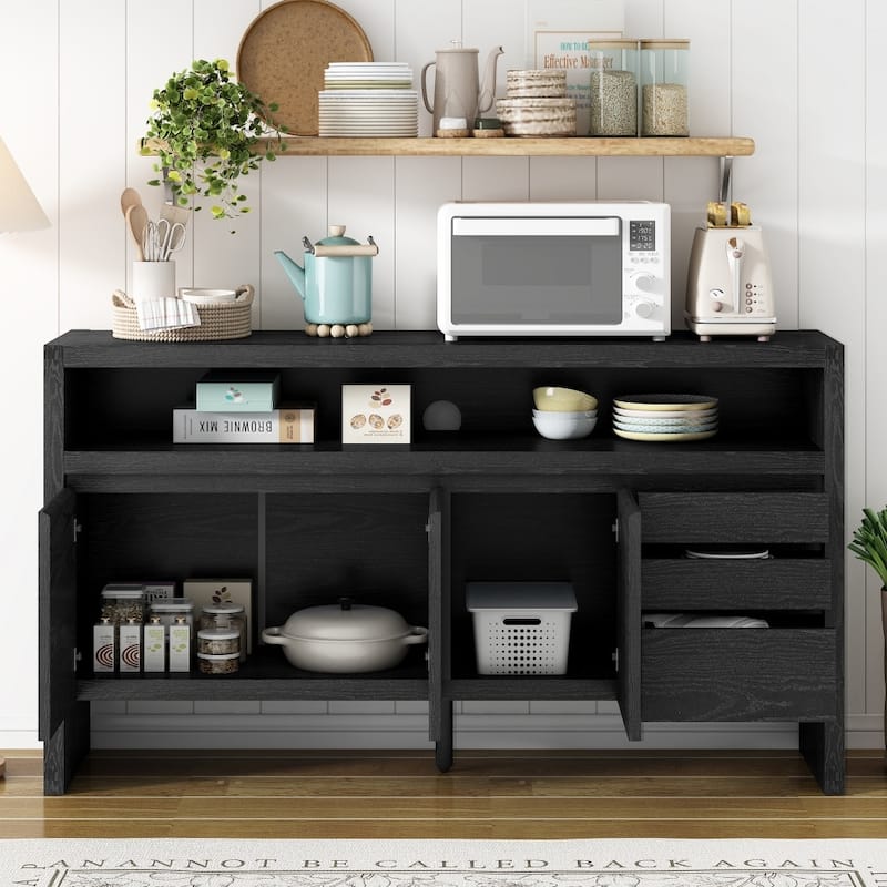 60" Modern Wooden Storage Sideboard with 3 Doors and 3 Drawers, Semi-Open Shelf