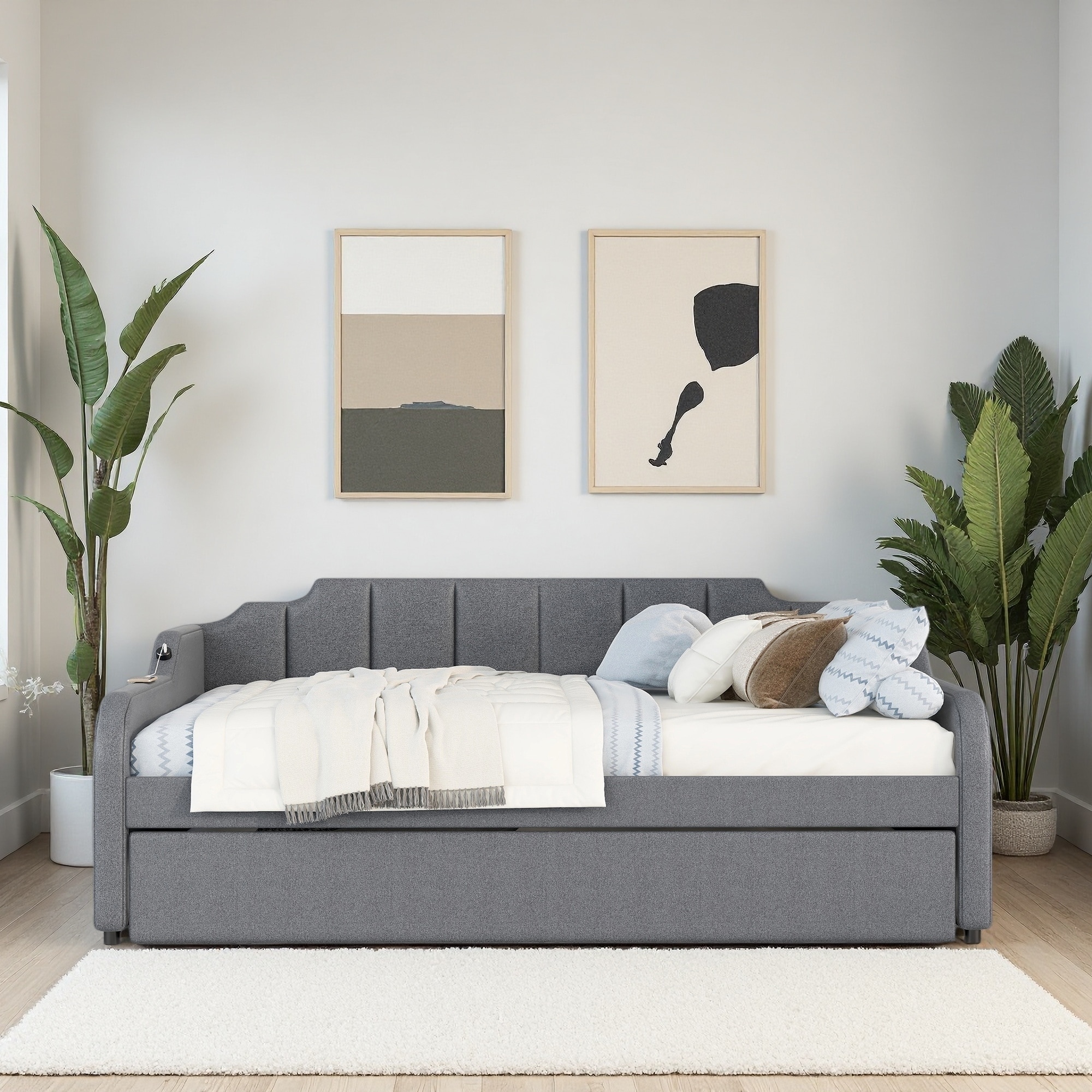 Full Size Pine Wood Upholstered Daybed with Convertible Trundle, USB Charging