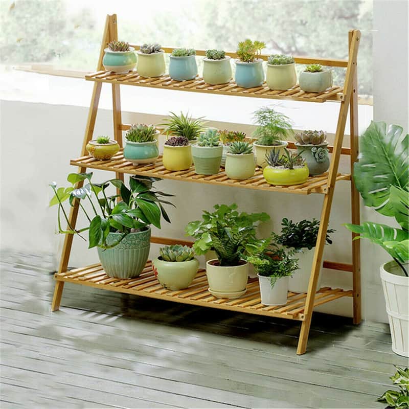 Bamboo Wooden 3-Tier Ladder Plant Stand Foldable - 39.37 x 14.96 x 38.19inch