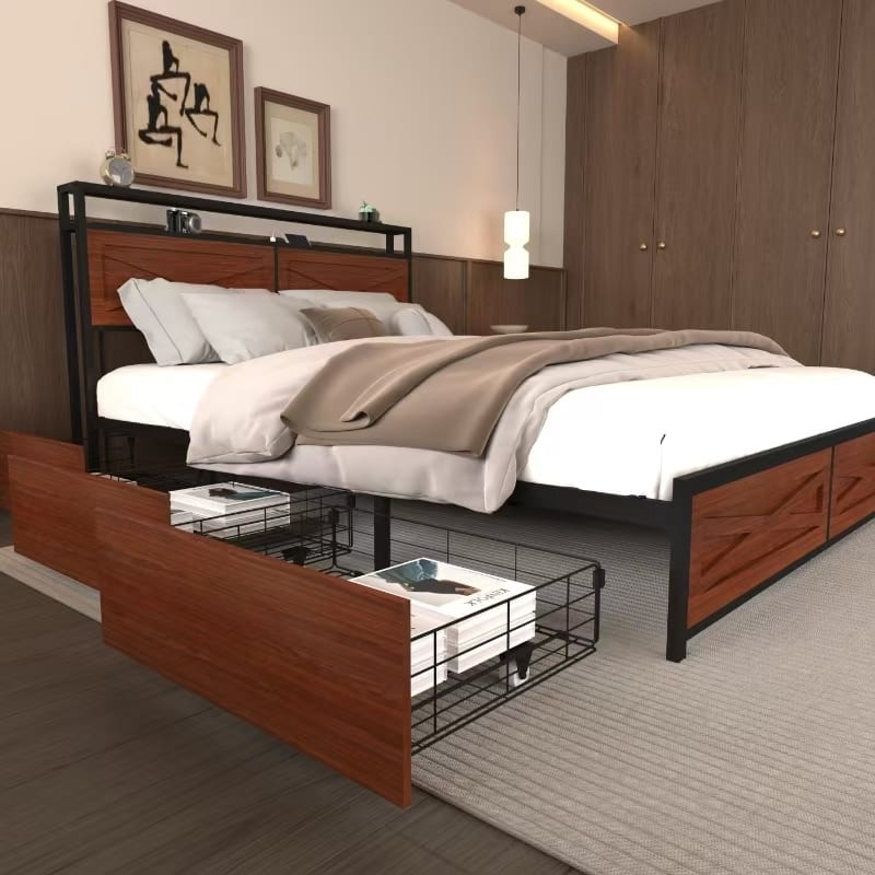 Full Bed Frame with Storage Drawers, Charging Station, RGB LED Lighting, Easy Assembly, Durable Metal Construction