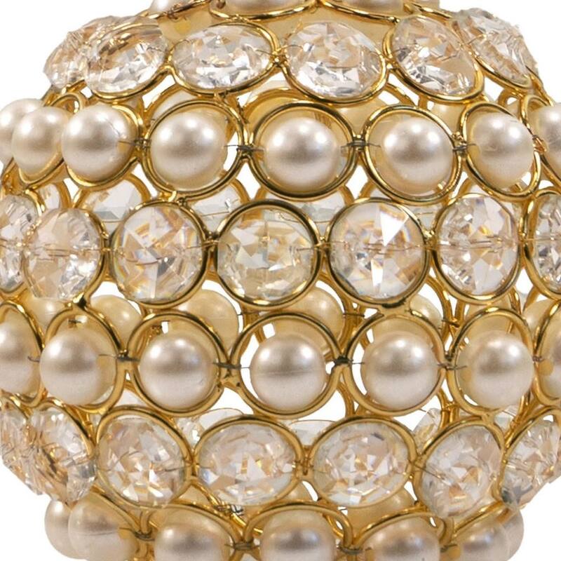 HomeRoots Set of Two 5" Gold Clear And Ivory Metal Faux Crystal And Pearl Decorative Orbs