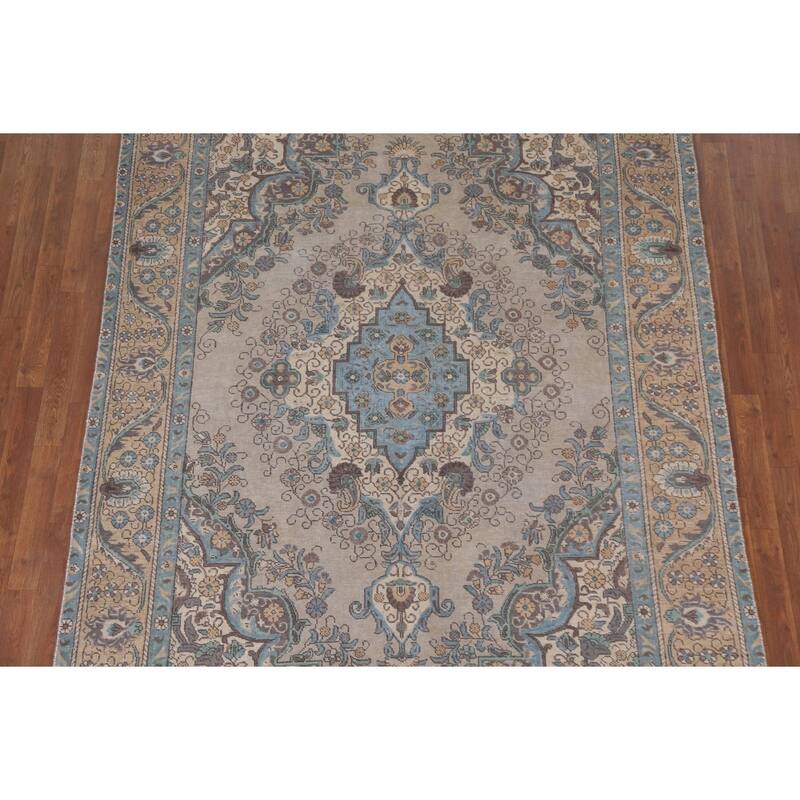 Hand Knotted Oriental 100% Wool Carpet Traditional Floral Beige & Ivories Tabriz Area Rug - 9' 5'' X 6' 5''