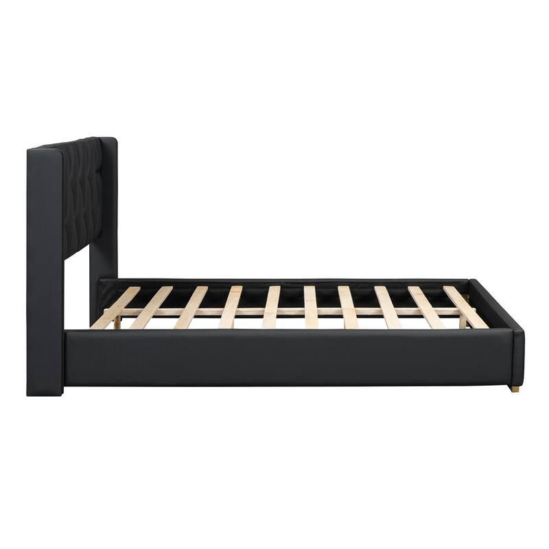 Modern PU Upholstered Platform Bed with Metal Strips