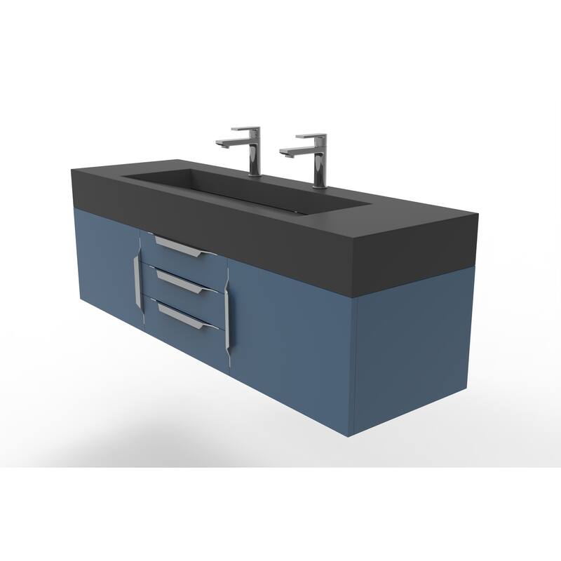 Nile 60" Wall Mounted Bathroom Vanity Set w/ Black Top