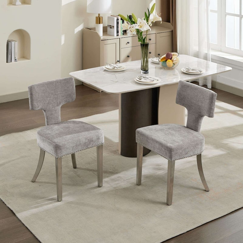 Set of 2 Chenille Upholstered Dining Chairs with Silver Steel Legs