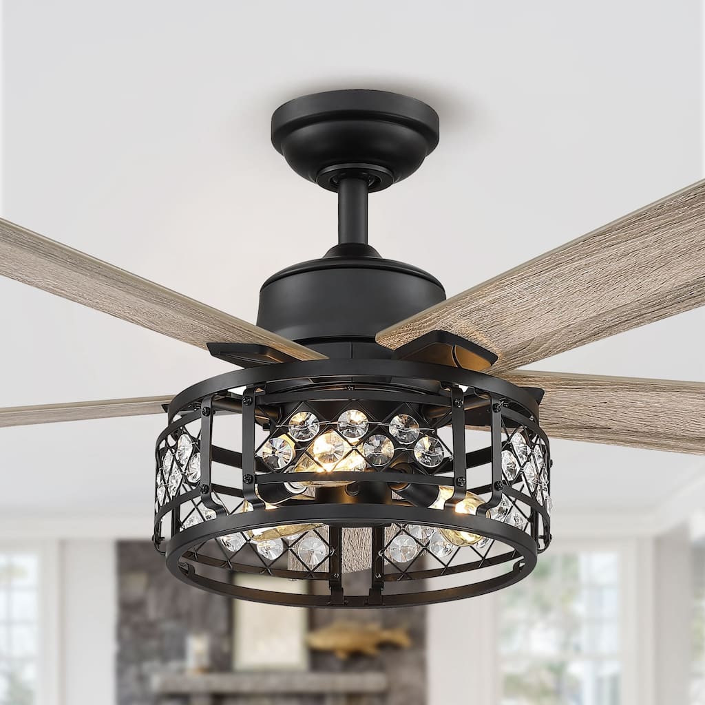 52" Oak Wooden 5-Blade Crystal LED Ceiling Fan with Remote - 3-Light