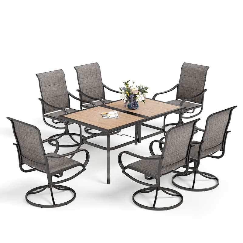 MAISON ARTS 7 PCS Outdoor Patio Dining Set with High Back Padded Swivel Chair and a Wood Grain Table with Umbrella Hole - Brown