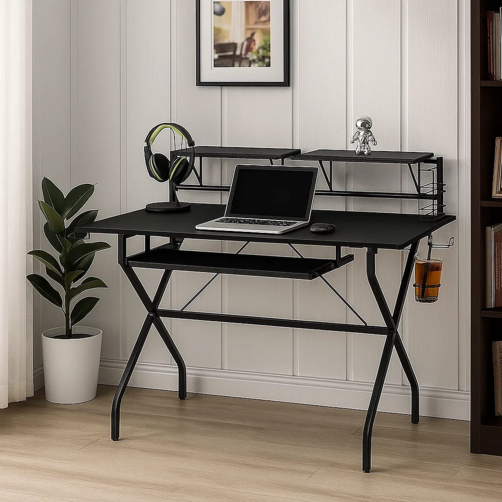 Tubular Metal Frame Computer Desk with 2 Shelves and Cup Holder, Black