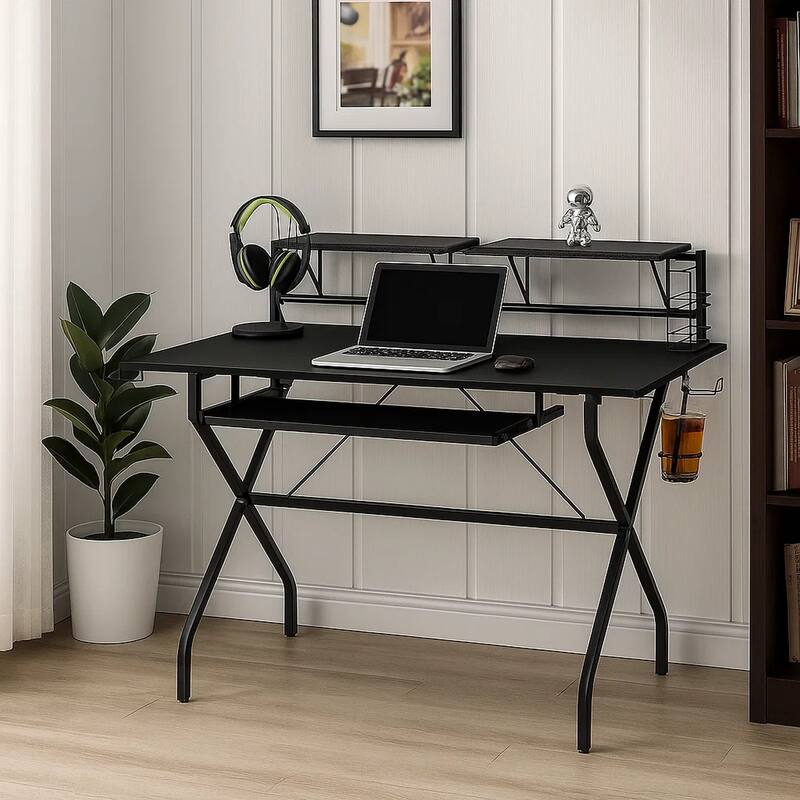 Tubular Metal Frame Computer Desk with 2 Shelves and Cup Holder, Black
