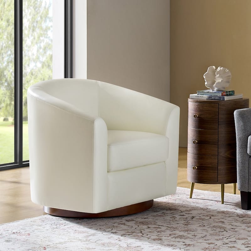 Haley Modern Swivel Barrel Faux Leather Chair with Solid Wood Base by HULALA HOME - White