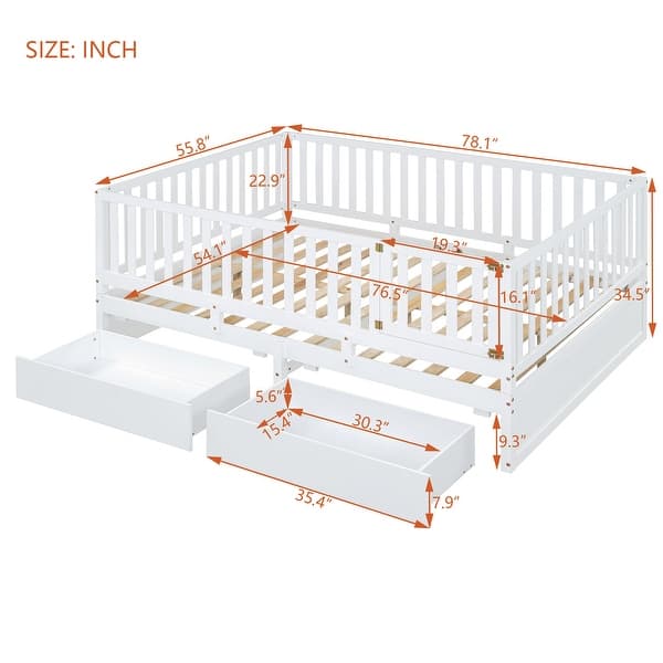 dimension image slide 2 of 5, Wood Cribs Convertible Toddler Bed with Fence Guardrails and 2 Drawers Split into Independent Floor Bed and Daybed Slat Support