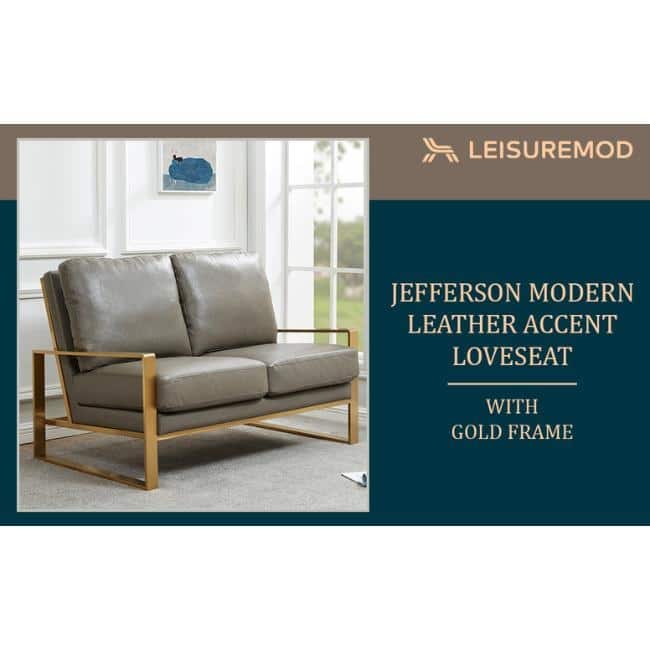 Jefferson Modern Leather Loveseat Gold with Gold Metal Base, Cushion Seating, Pocket Springs, and Protective Floor Pads - 53.1