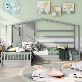 Twin Size Wood House Bed, L Structure Solid Pine 2 Twin Bed with Fence and Slatted Frame, for Kids Girl Boy, Grey